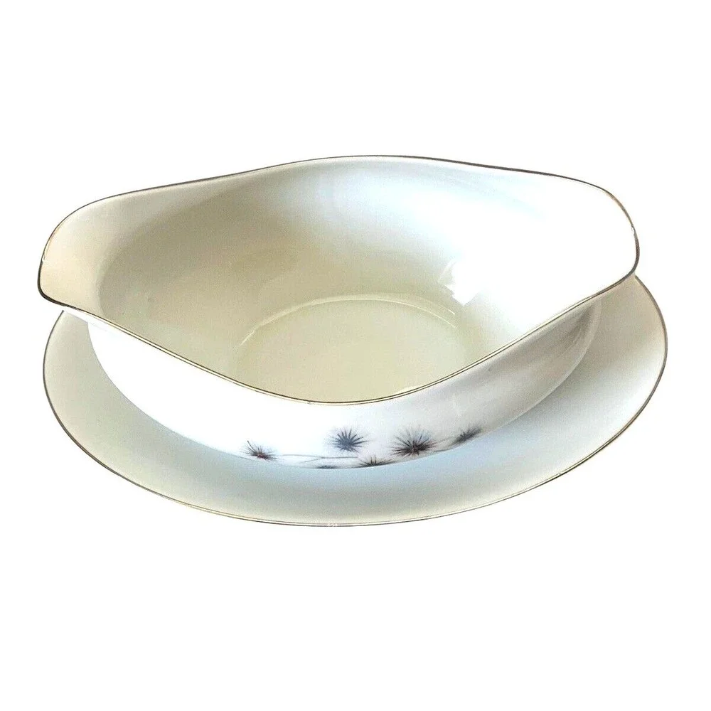 Fine China Creative Platinum Star Burst Gravy Boat w/ Attached Underplate Japan